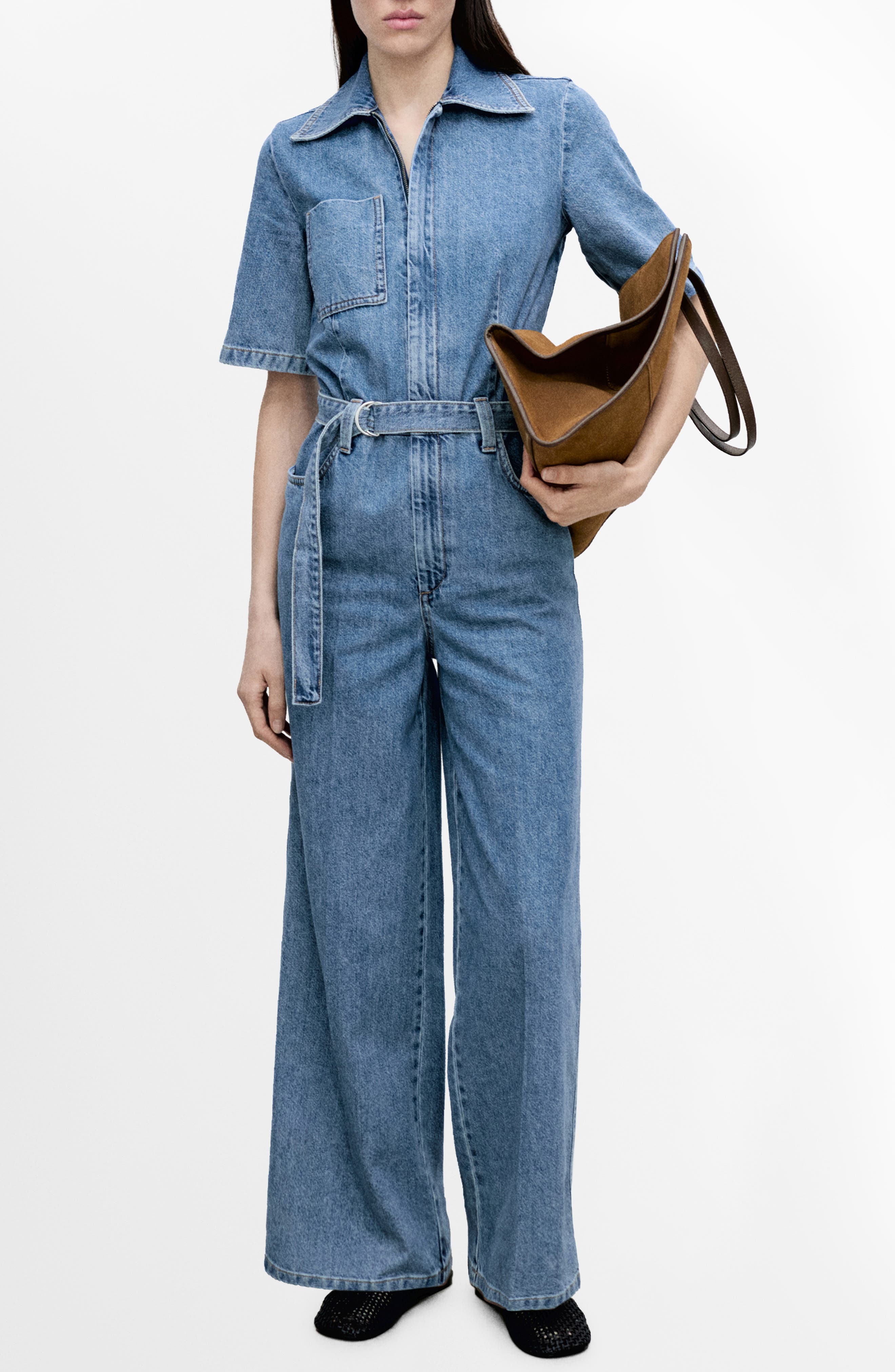 MANGO Fleur Tie Waist Denim Jumpsuit