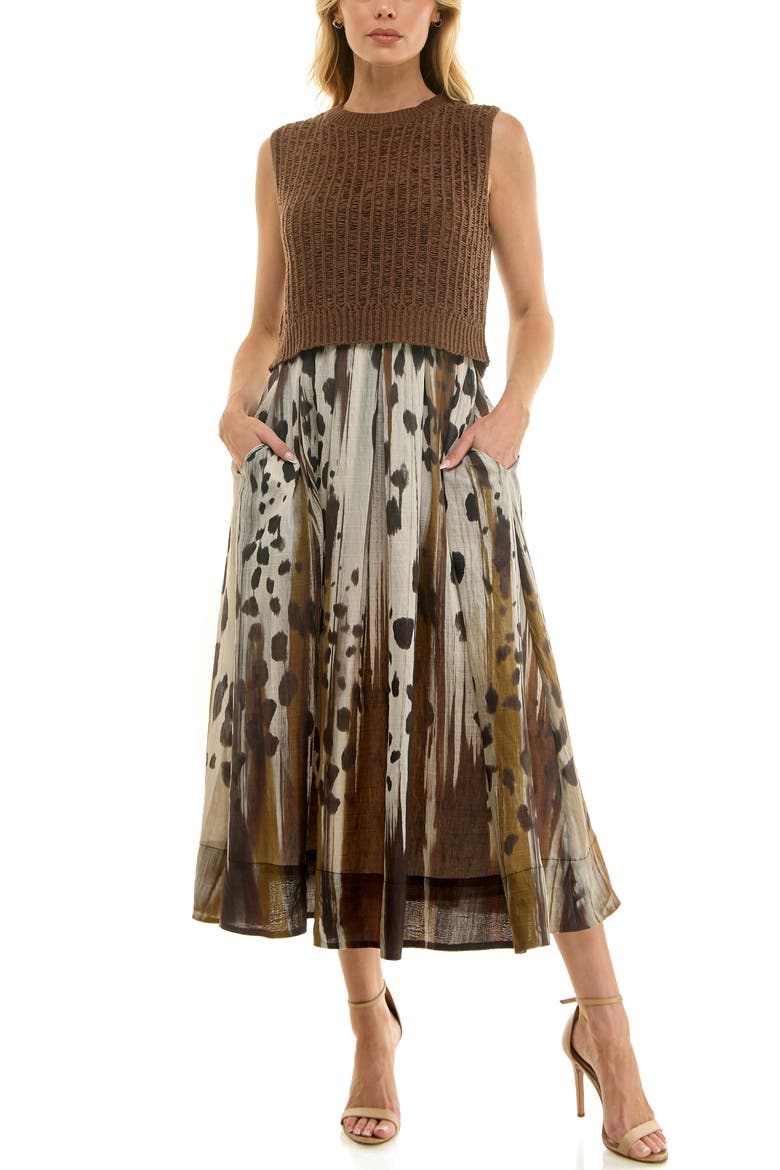Mixed Media Pleated Midi Dress, Main, color, BROWN/ TAN