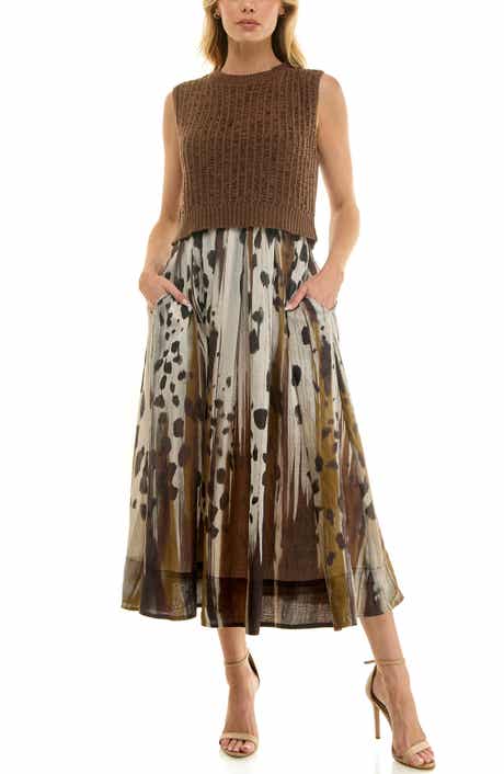 Mixed Media Pleated Midi Dress