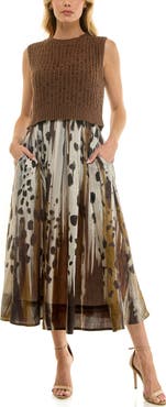 Socialite Mixed Media Pleated Midi Dress