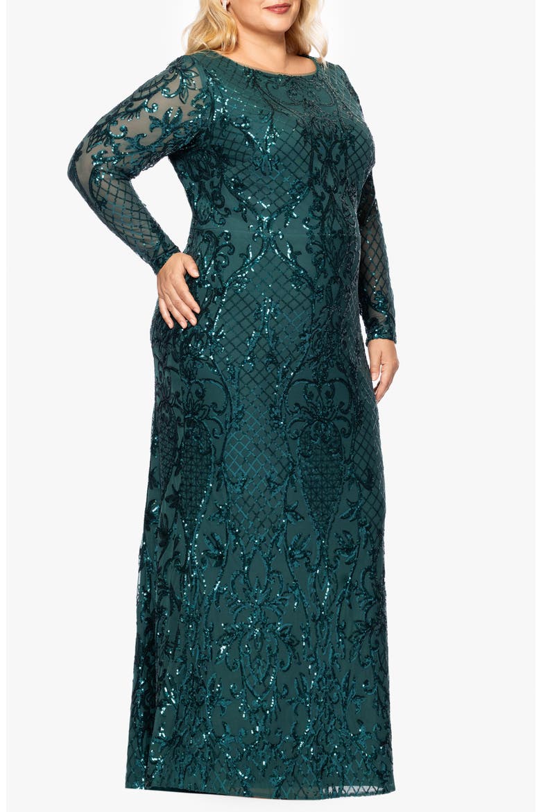 Sequin Long Sleeve Mermaid Gown, Alternate, color, EMERALD
