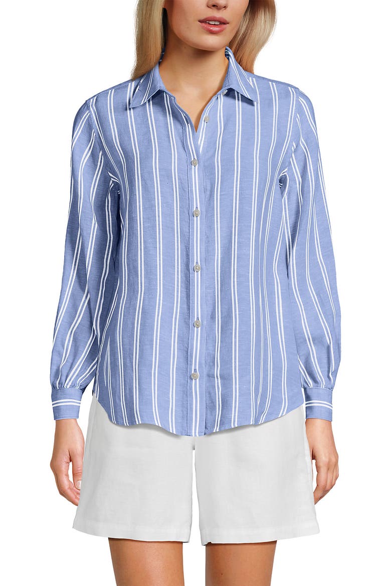 Linen Long Sleeve Feminine Shirt, Main, color, Clear Blue Sky Double Stripe