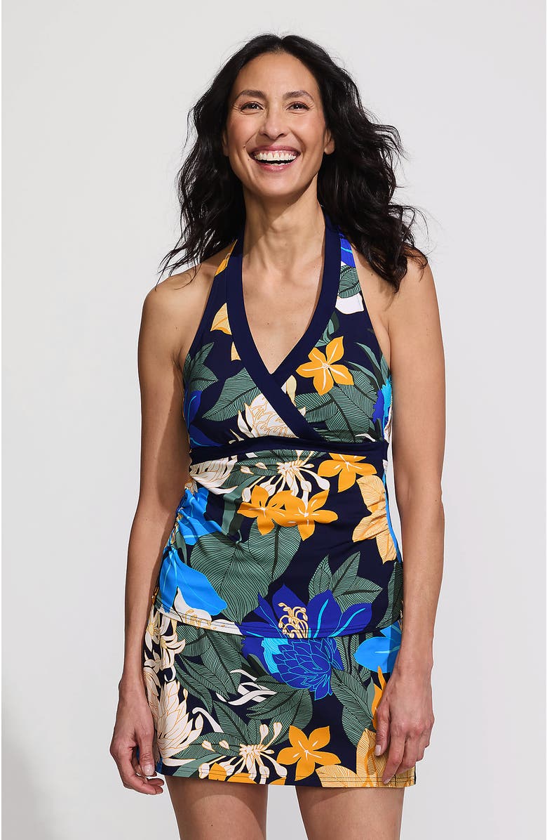 Lands' End Texture V-neck Halter Tankini Swimsuit Top, Main, color, Navy Multi Floral Blooms