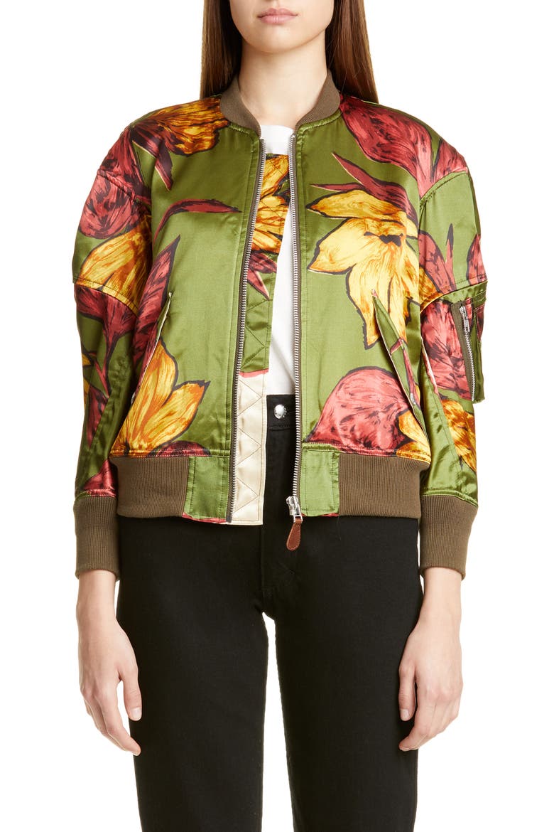 Floral Print Satin Bomber Jacket, Main, color, KHAKI