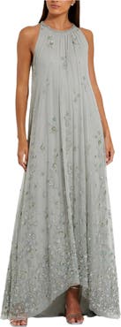 Mac Duggal Women's High Neck Floral Embellished Mesh Trapeze Gown