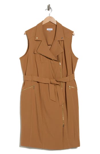 Calvin Klein Tie Waist Moto Dress In Brown