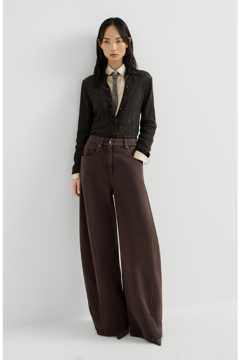 Dyed denim wide trousers with monili, Alternate, color, Pine Cone Brown