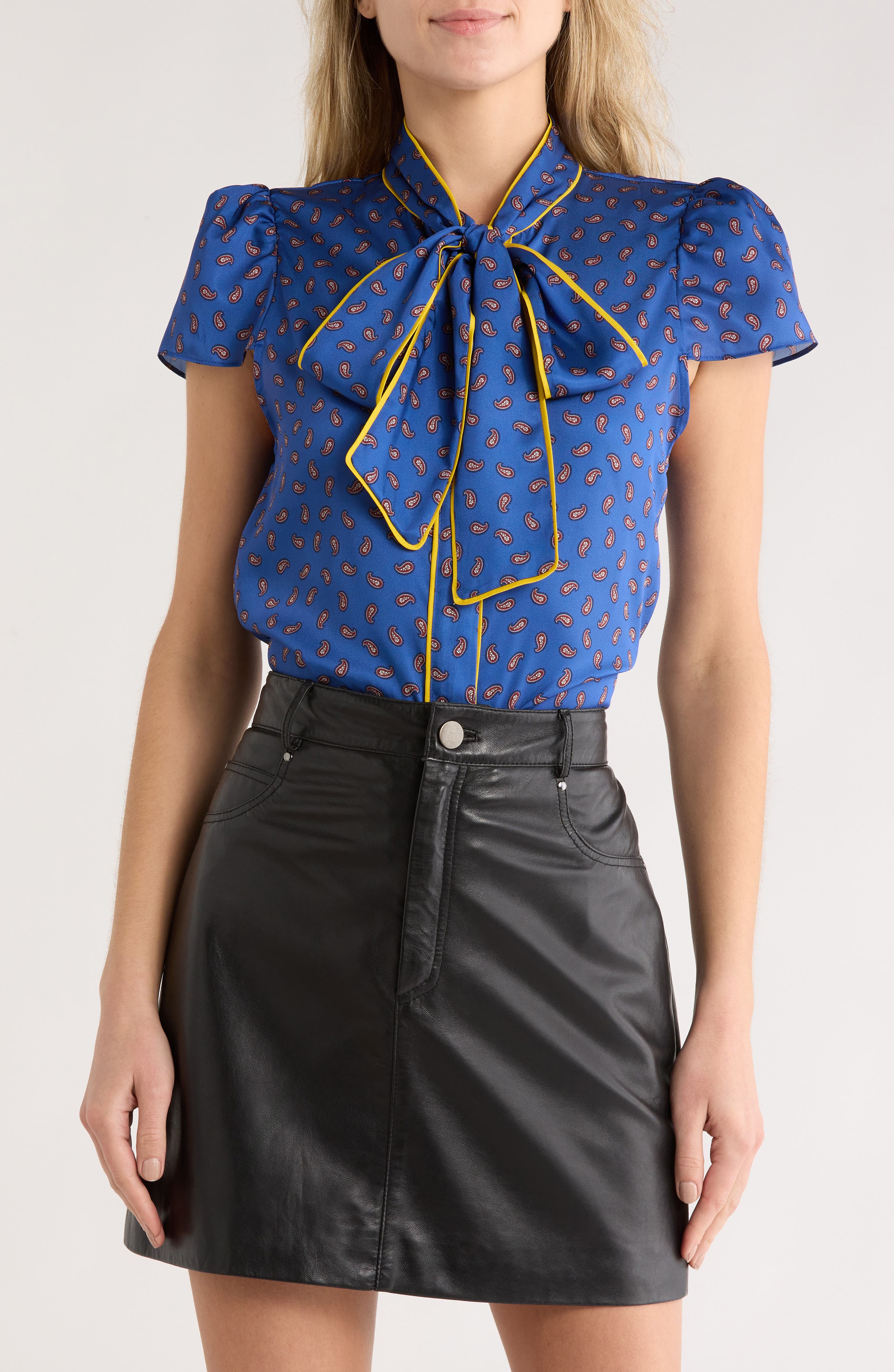 Alice + Olivia Jeannie Piped Tie Neck Top