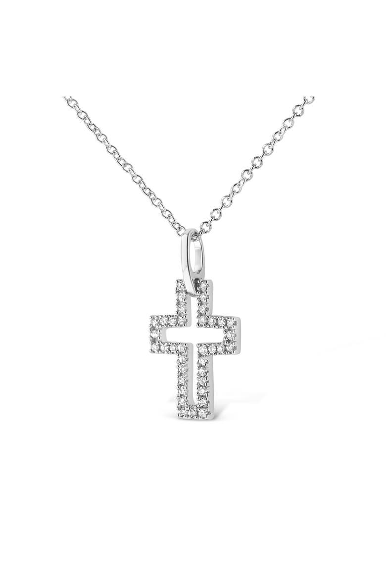 Silver 1/10 cttw Pave-Set Round-Cut Diamond Open Cross Pendant Necklace, Alternate, color, White