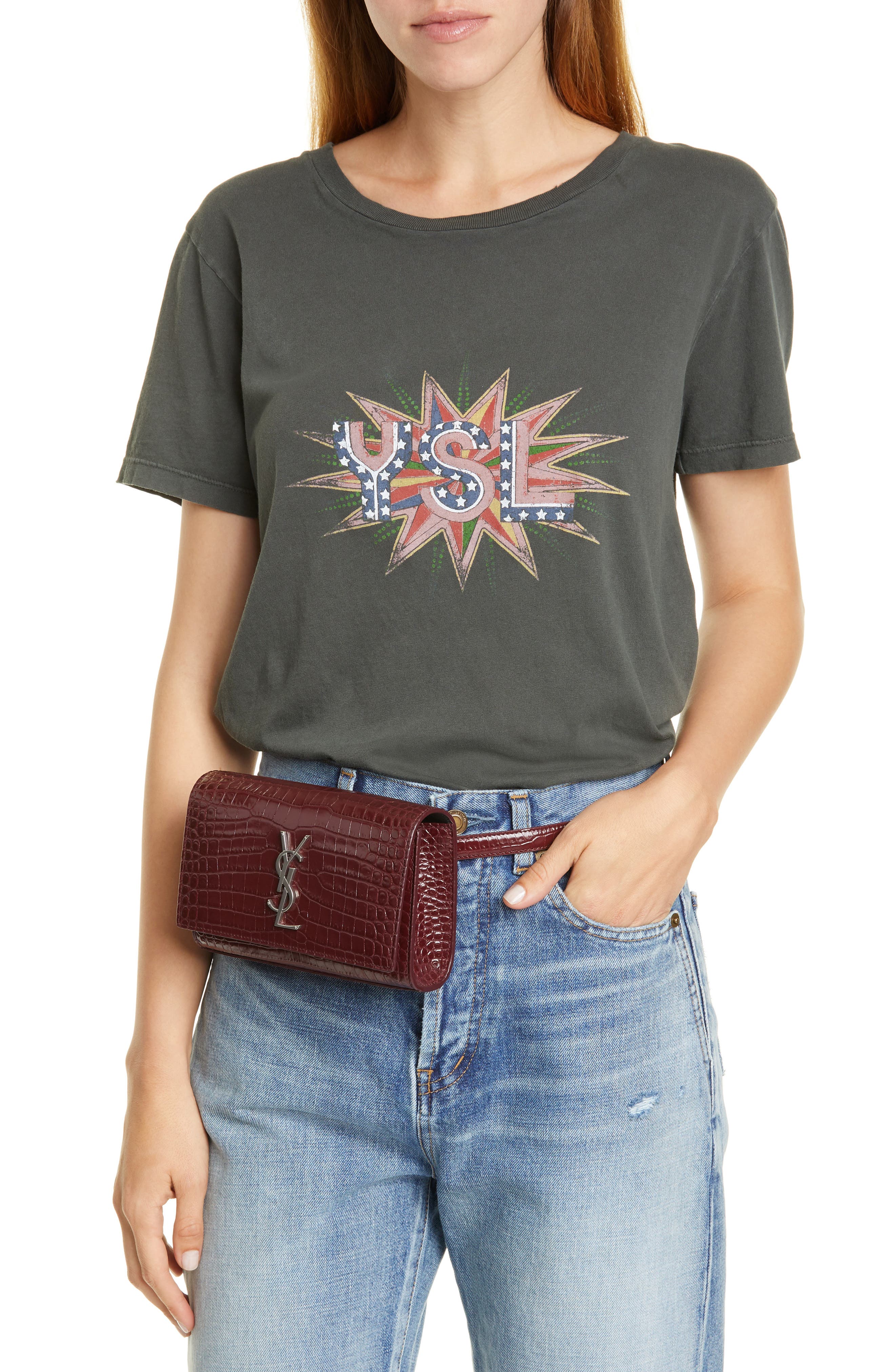 Saint Laurent Kate Croc-Embossed Leather Belt Bag, Alternate, color, 