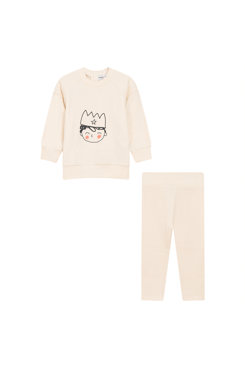 Boy Crown Print 2 Piece Long Sleeve Top and Ribbed Leggings Set, Main, color, Cream
