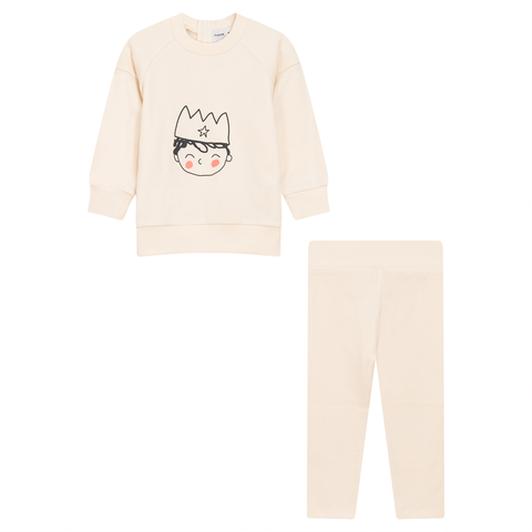 Boy Crown Print 2 Piece Long Sleeve Top and Ribbed Leggings Set