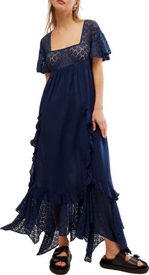 Free People One I Love Sleeveless Smocked buy Handkerchief Hem Blue Maxi Dress XS