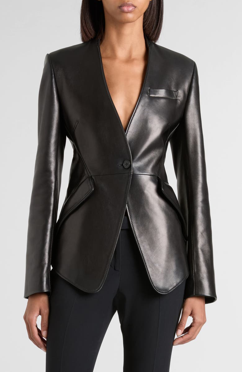 McQueen Tailored Peplum Leather Jacket, Main, color, Black