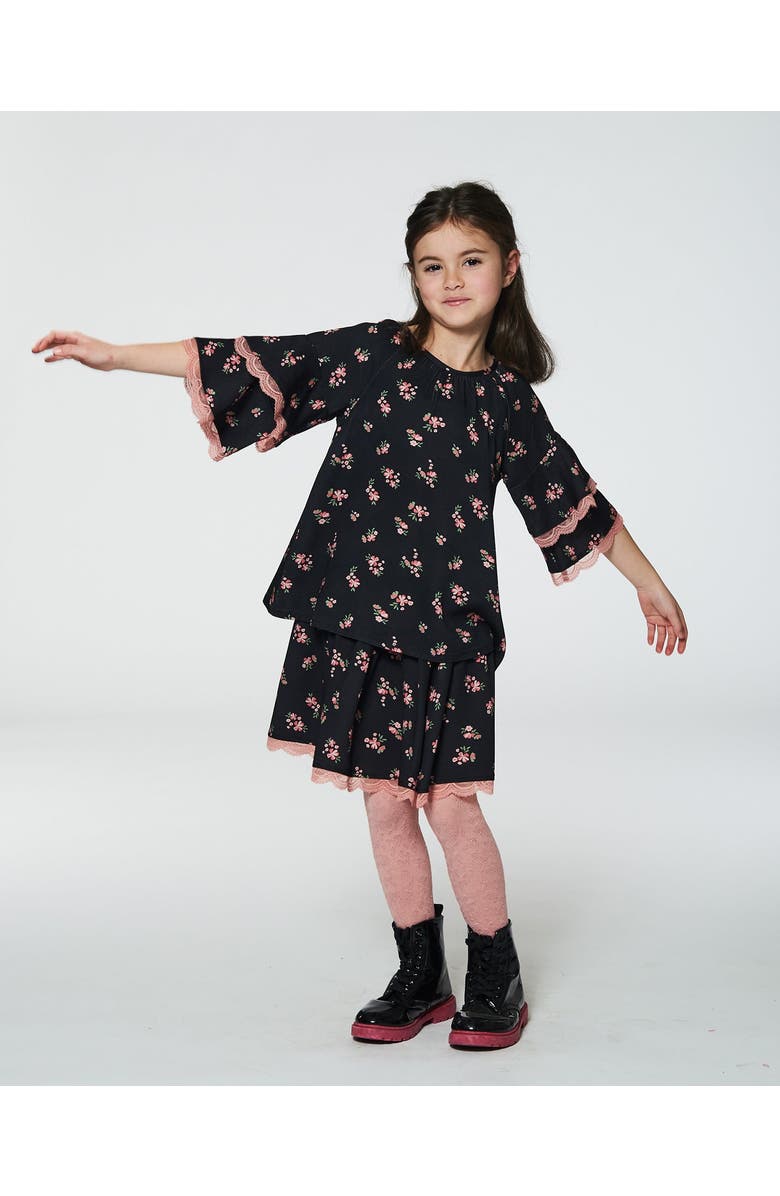 Deux par Deux Little Girl's Printed Flowers Flare Viscose Skirt Black, Alternate, color, 