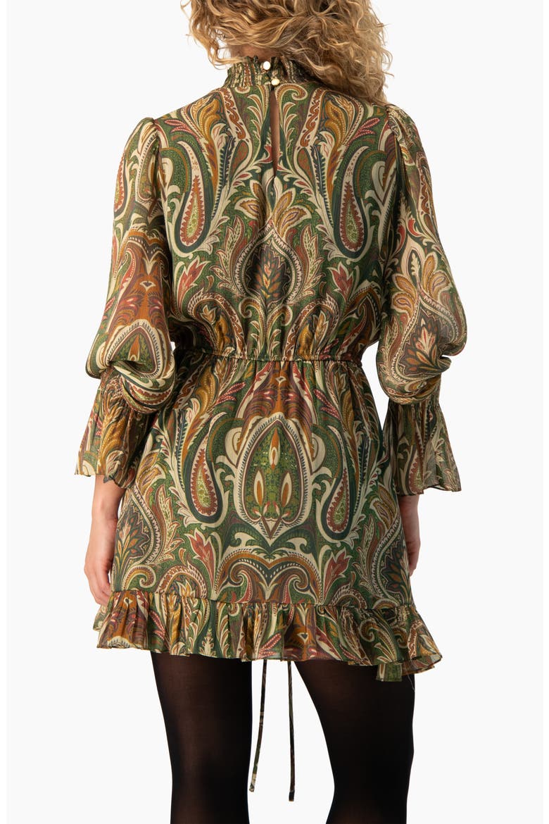 Paisley Print Smocked Mock-Neck Puff-Sleeve Mini Dress, Alternate, color, Olive Green