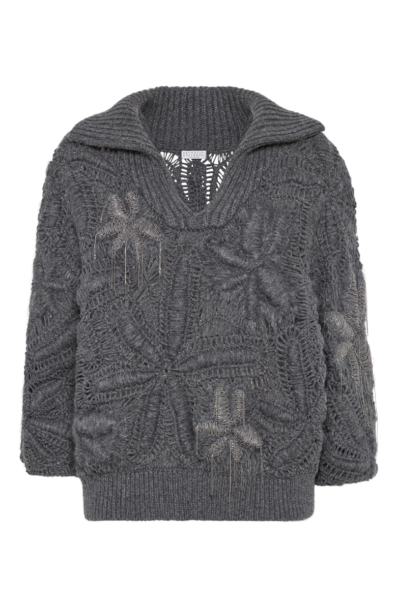 Brunello Cucinelli Handmade Flower Crochet OPERA sweater in cashmere Feather yarn, Main, color, 