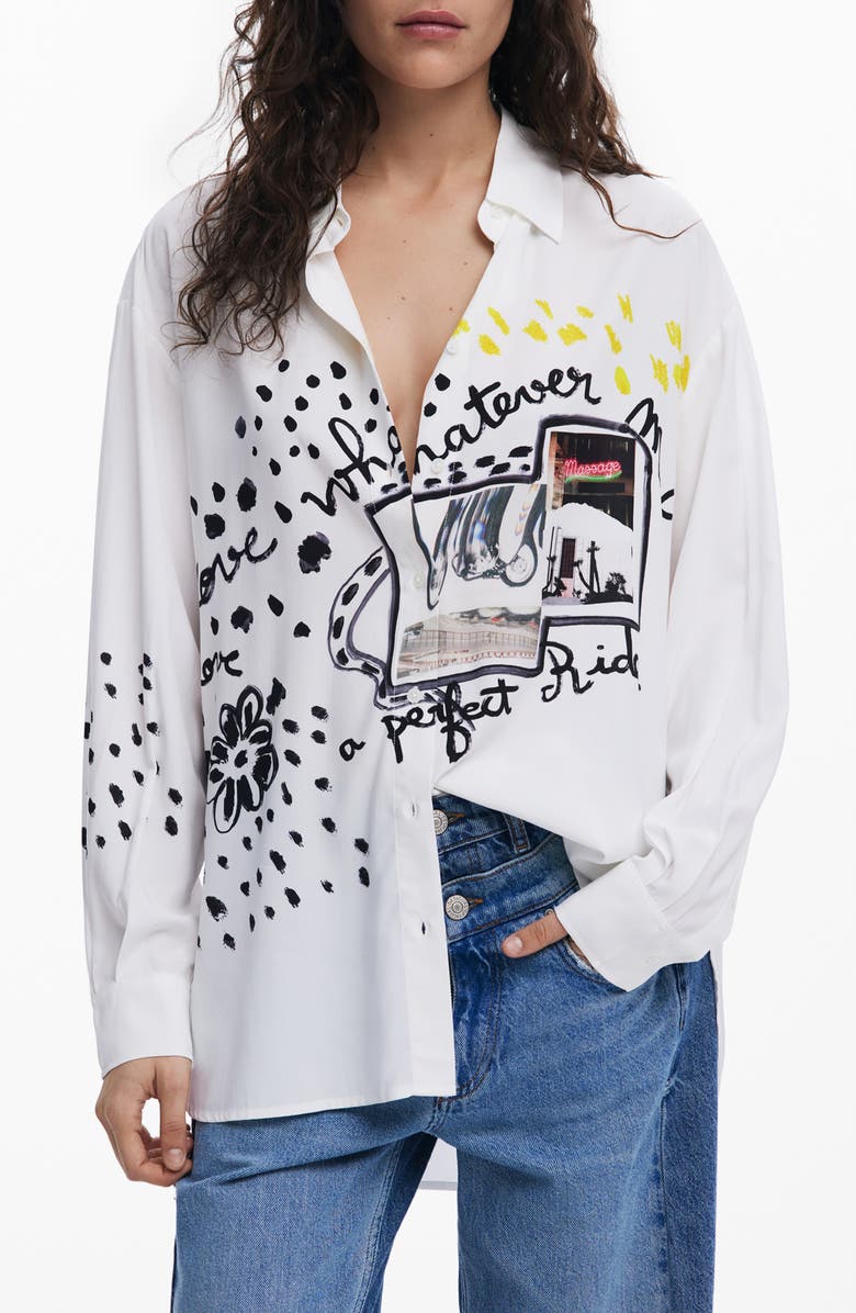 Desigual Print High-Low Shirt, Main, color, White