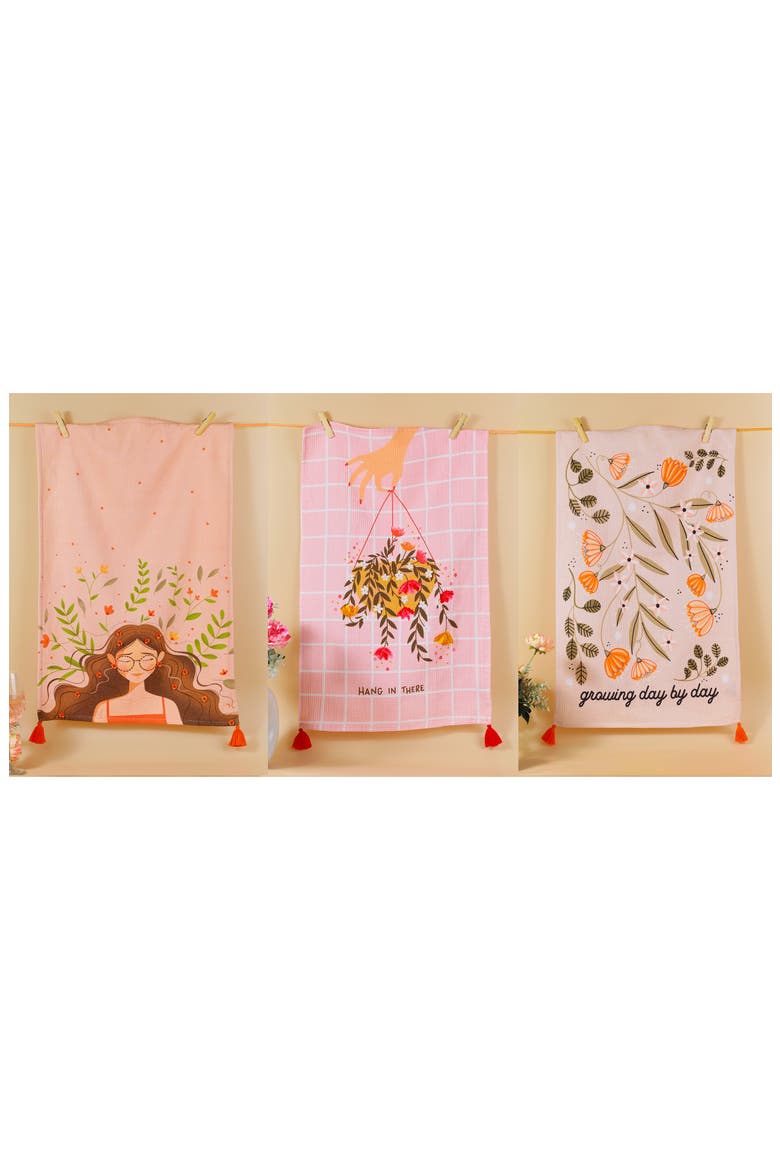 Blush Bloom Set of 3 Cotton Kitchen Towels, Alternate, color, PINK/ ORANGE/ GREEN