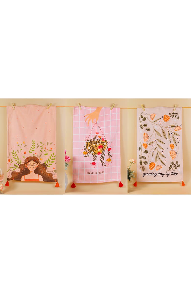 Tiramisu Blush Bloom Set of 3 Cotton Kitchen Towels, Alternate, color, Pink/ Orange/ Green