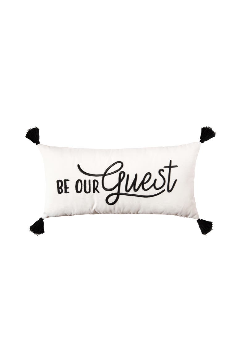 Decorative "Be Our Guest" Cursive Script Embroidered Accent Pillow, 12" x 24" w/ Black Tassels, Main, color, White