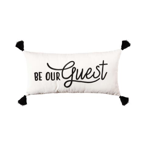 Decorative "Be Our Guest" Cursive Script Embroidered Accent Pillow, 12" x 24" w/ Black Tassels