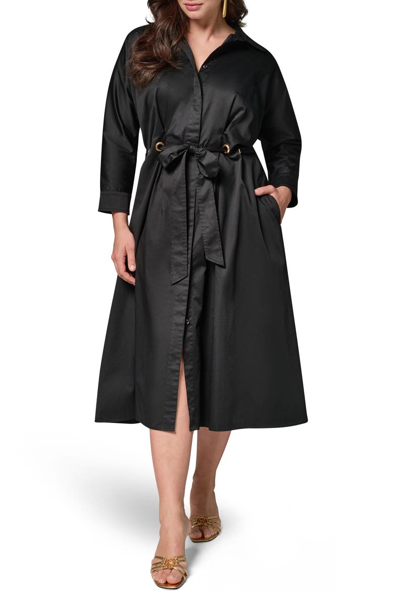 Drawstring Waist Stretch Midi Shirtdress, Main, color, BLACK