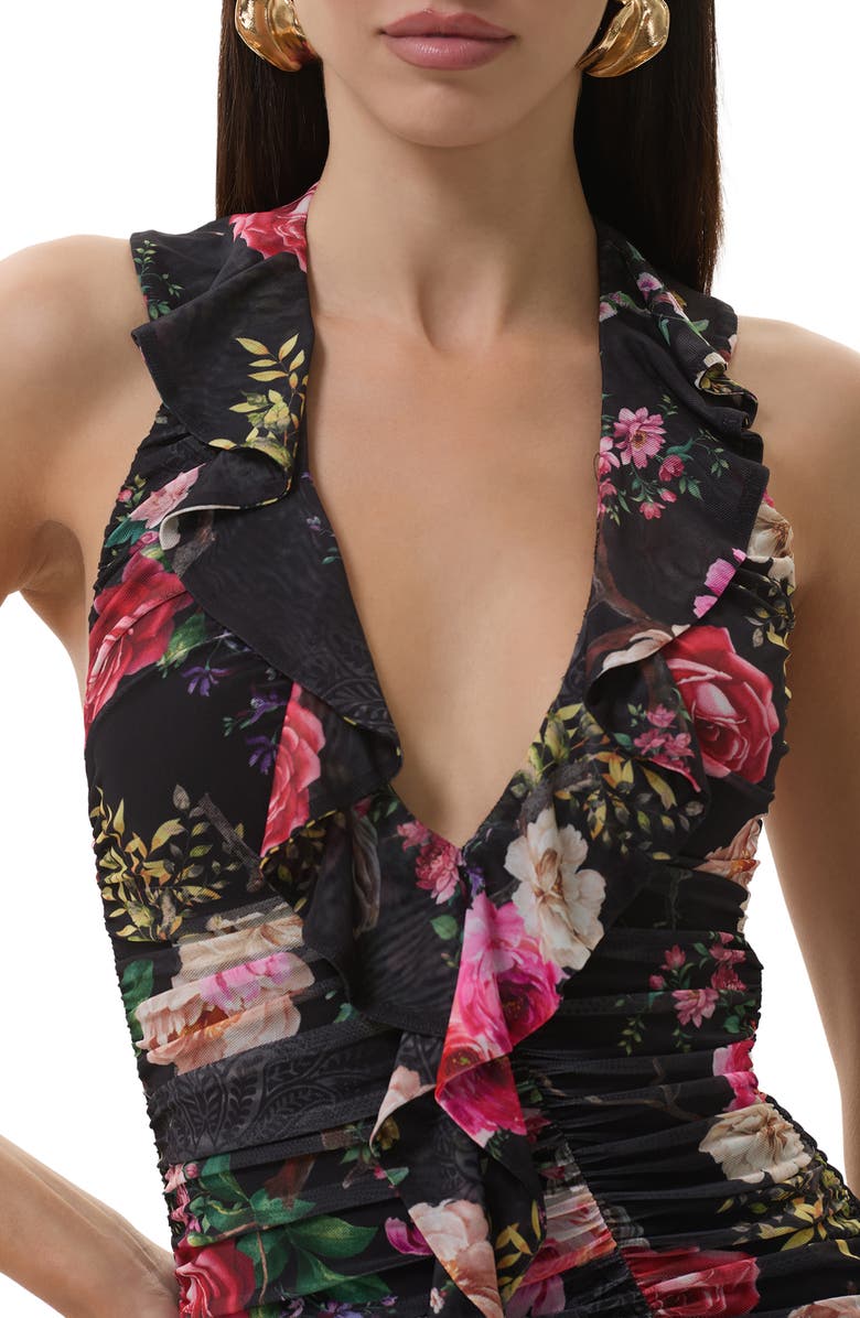 AFRM Odessa Ruffle Halter Open Back Minidress, Alternate, color, Noir Summer Rose