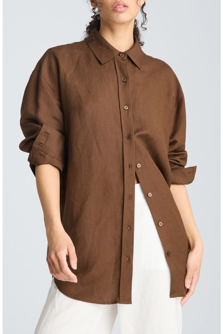 Drop Shoulder Relaxed Fit Linen Blend Button-Up Shirt, Main, color, BRUNETTE
