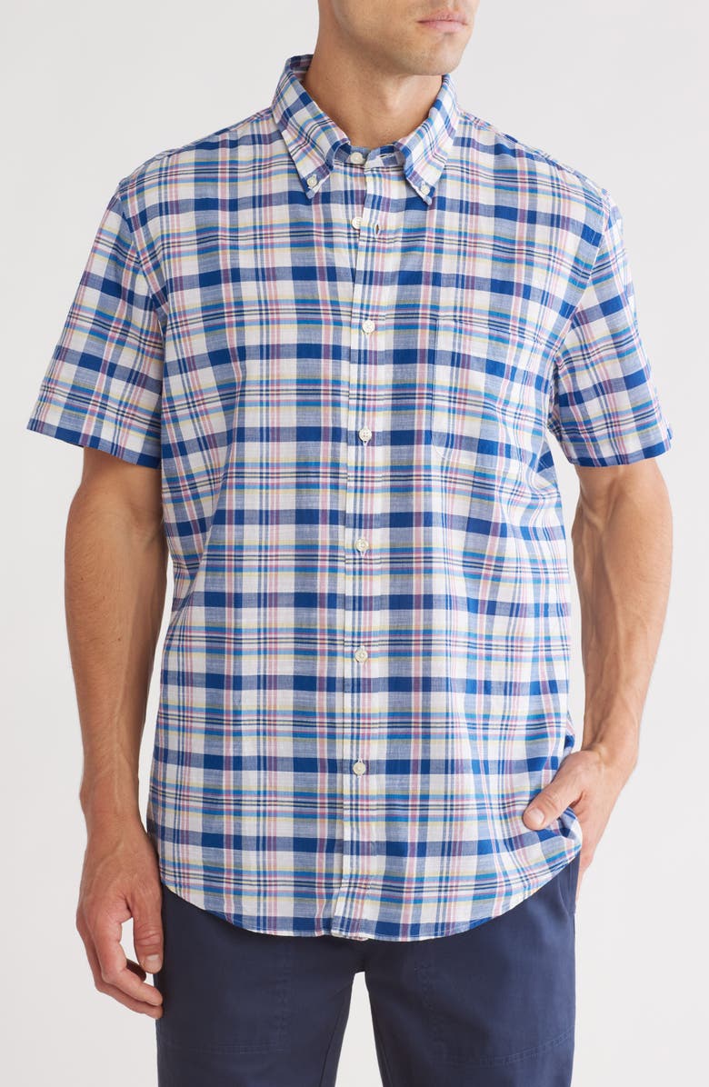 Brooks Brothers Madras Short Sleeve Sport Fit Button-Down Shirt, Main, color, White/ Navy