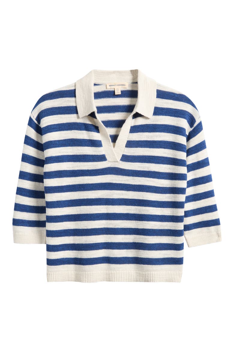 Gwynver Stripe Johnny Collar Sweater, Alternate, color, KNIT CORNISH DARK VOYAGE CHALK