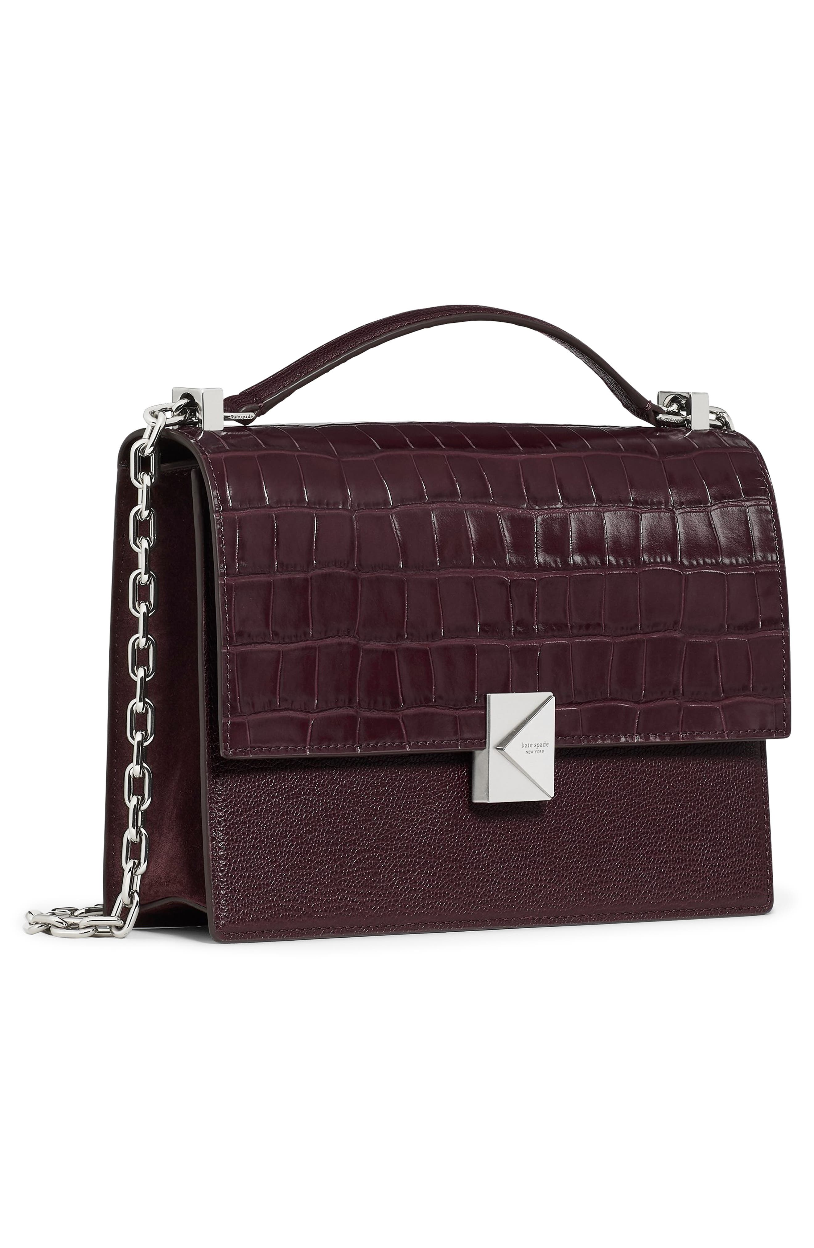 Deco Croc Embossed Leather Shoulder Bag, Alternate, color, BLACKBERRY JAM