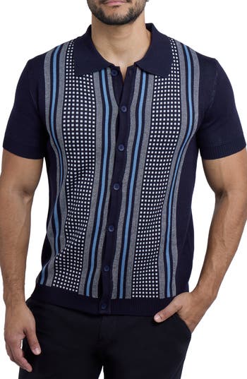 Spring + Mercer Stripe Short Sleeve Knit Button-up Shirt In Navy