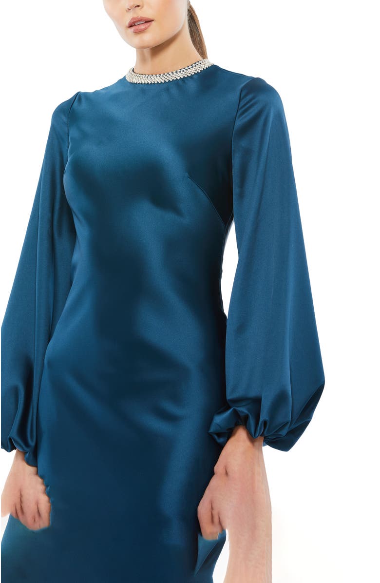 Mac Duggal Beaded High Neck Bishop Sleeve Satin Gown, Alternate, color, Sapphire