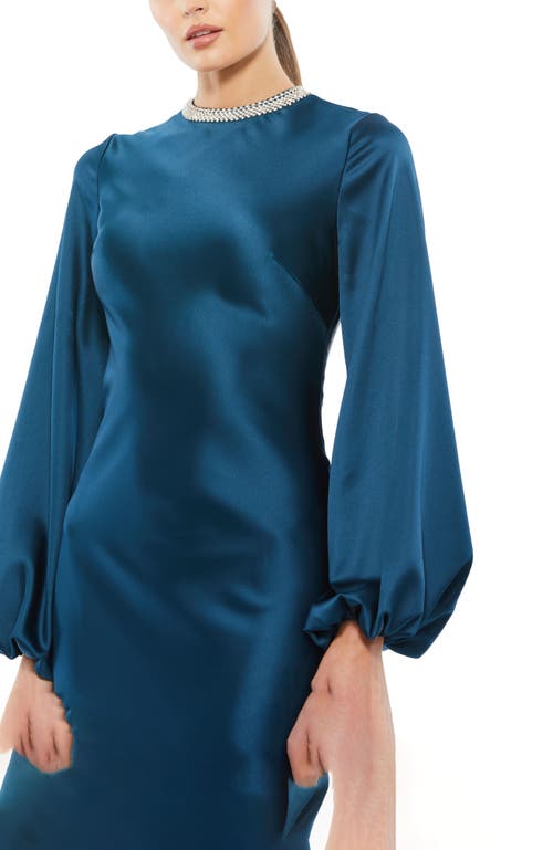 Mac Duggal Long Sleeve Satin Sheath Gown In Sapphire