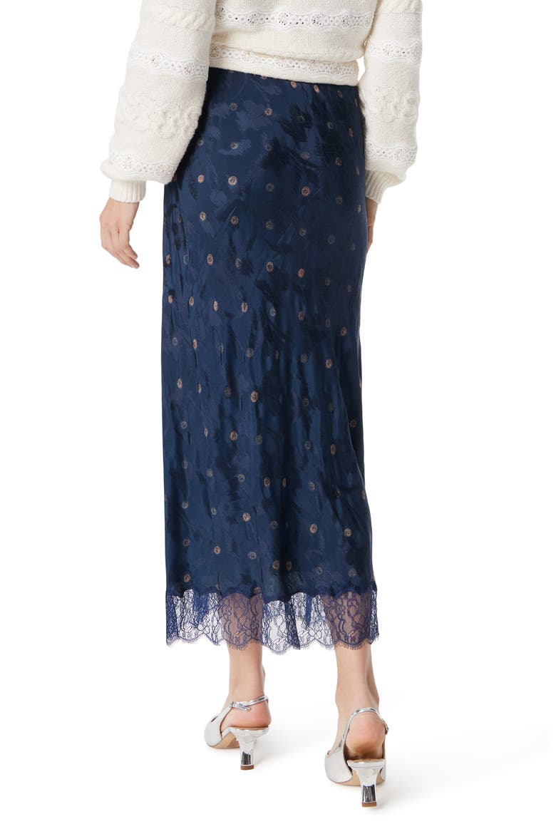 Gracie Lace Trim Satin Midi Skirt, Alternate, color, NAVY SCRIBBLE DOT