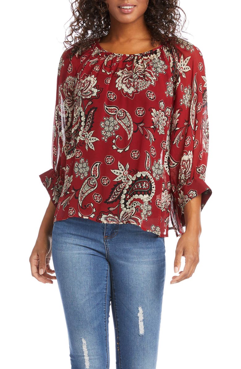 Karen Kane Blouson Sleeve Paisley Peasant Top, Main, color,