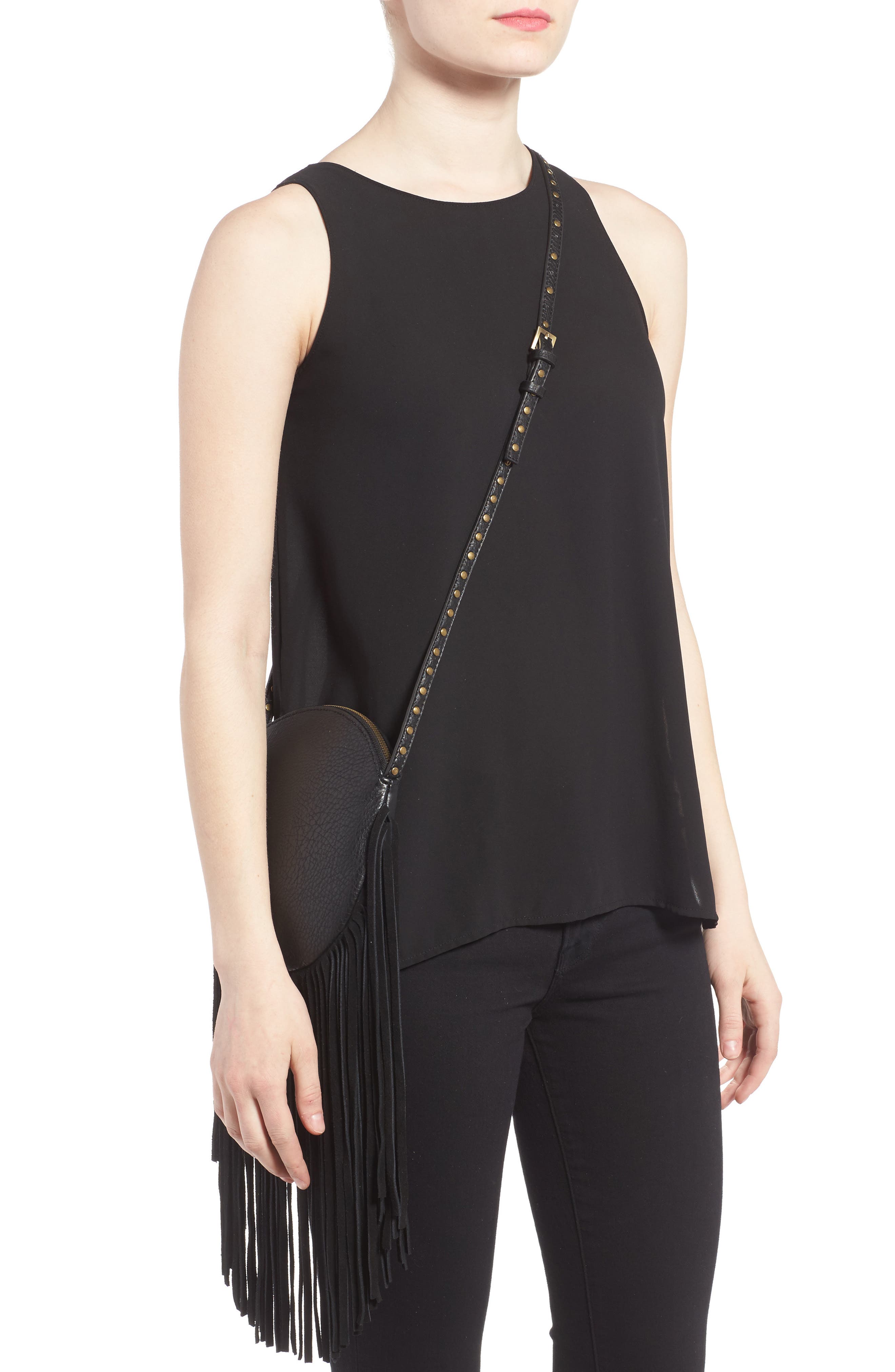 Fringe Faux Leather Round Crossbody Bag, Alternate, color, BLACK