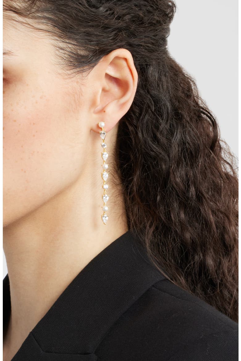 Cubic Zirconia & Faux Pearl Linear Drop Earrings, Alternate, color, CLEAR- WHITE- GOLD
