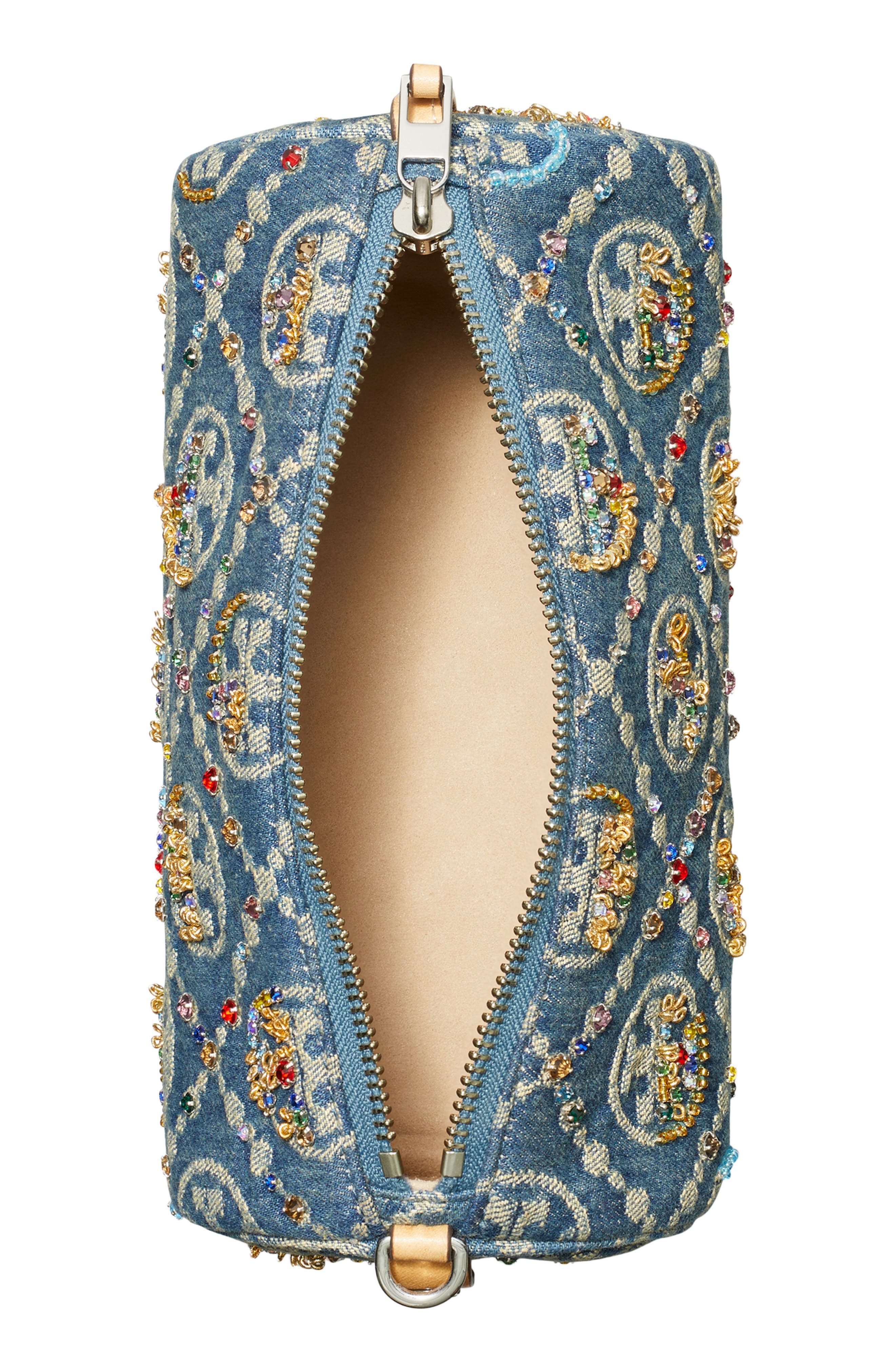 Tory Burch T Monogram Embellished Denim Cylinder Shoulder Bag, Alternate, color, 