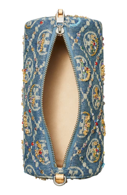 Tory Burch T Monogram Embellished Denim Cylinder Shoulder Bag