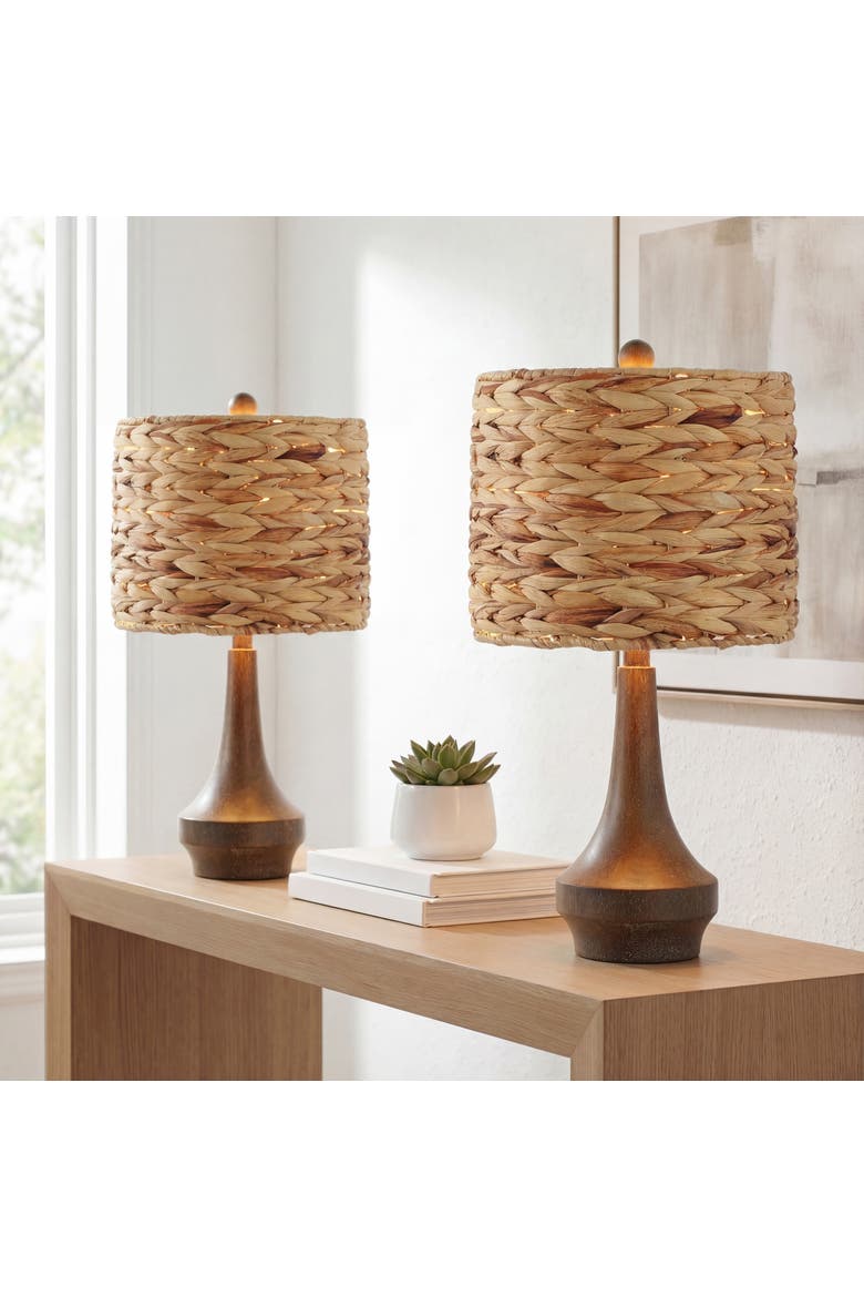 Theodore 21" Rustic Farmhouse Handwoven Water Hyacinth/Resin LED Table Lamp, Brown Wood Finish, Main, color, Brown Wood Finish