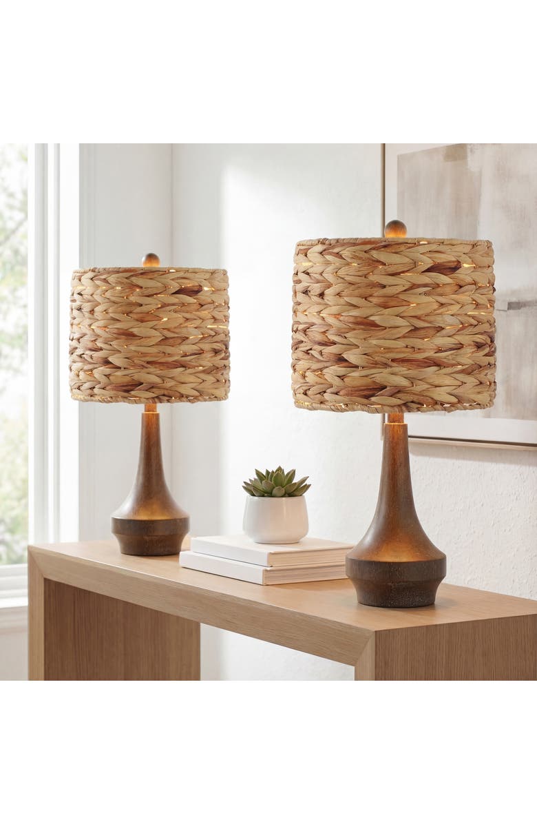 JONATHAN Y Theodore 21" Rustic Farmhouse Handwoven Water Hyacinth/Resin LED Table Lamp, Brown Wood Finish, Main, color, Brown Wood Finish