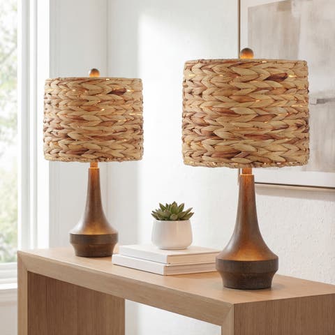 Theodore 21" Rustic Farmhouse Handwoven Water Hyacinth/Resin LED Table Lamp, Brown Wood Finish (Set of 2)