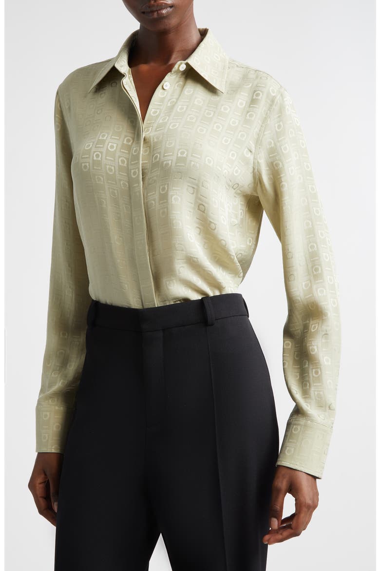 Gancini Jacquard Silk Button-Up Shirt, Alternate, color, BURNT SAGE