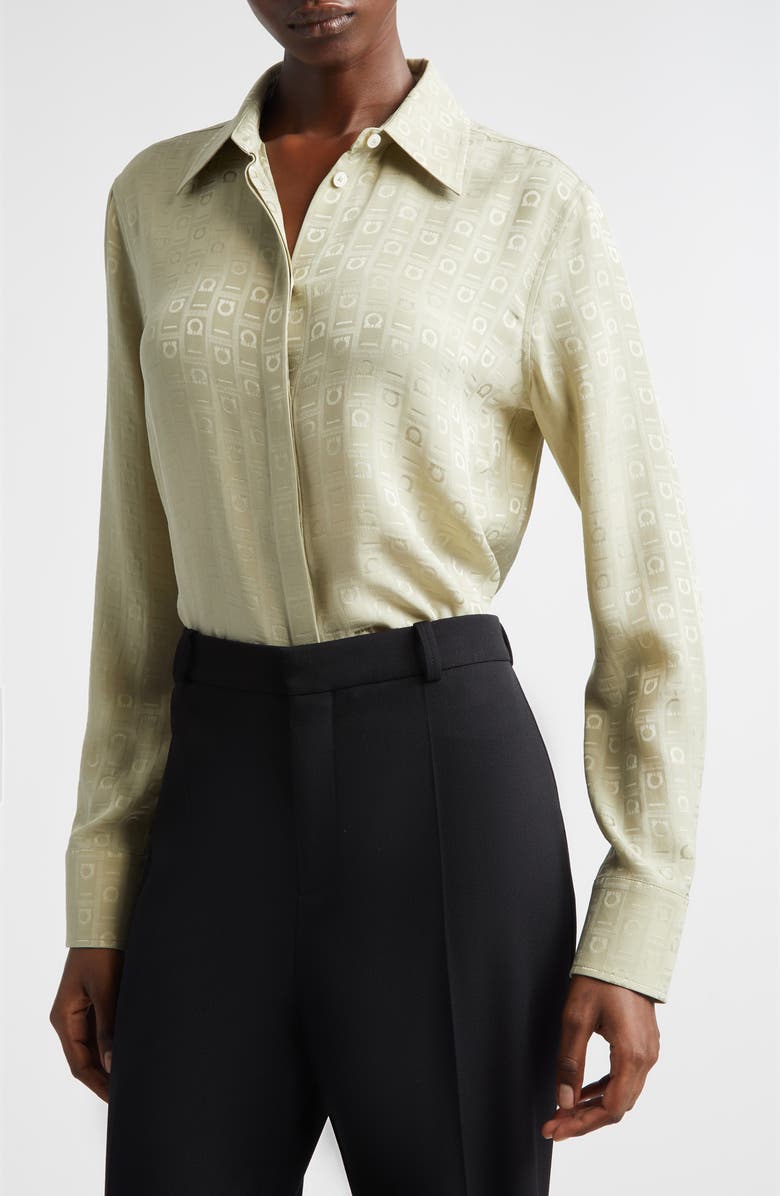 FERRAGAMO Gancini Jacquard Silk Button-Up Shirt, Alternate, color, Burnt Sage