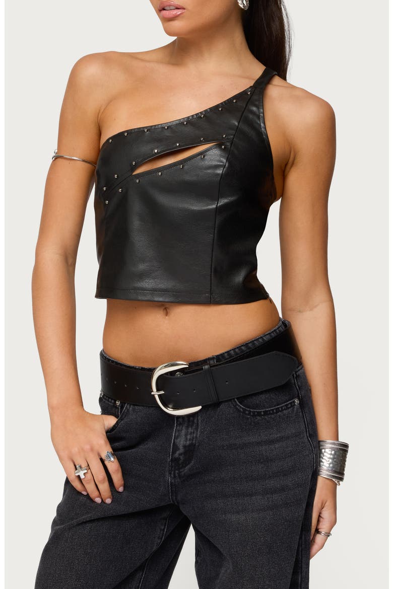 Cutout One-Shoulder Faux Leather Crop Top, Main, color, BLACK