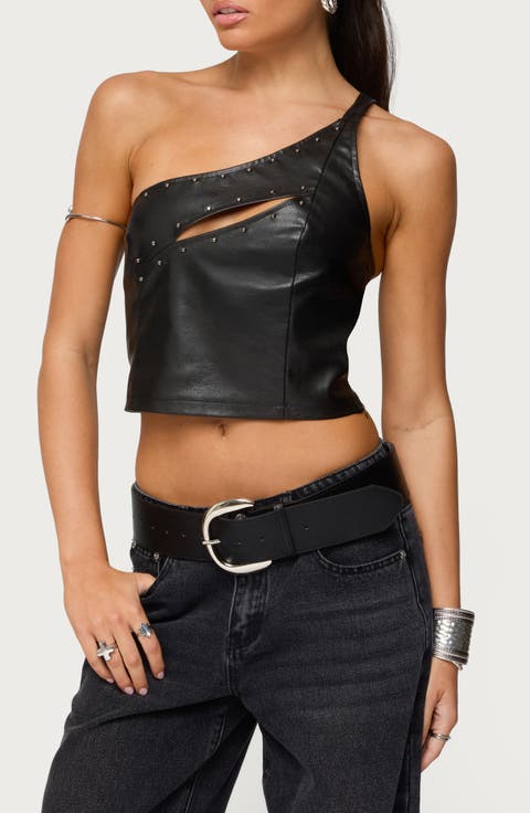 Cutout One-Shoulder Faux Leather Crop Top