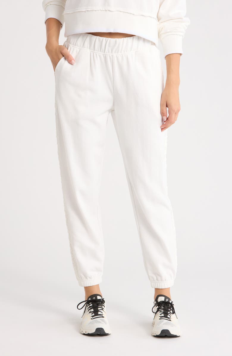 YOGALICIOUS Stone Wash Lace Trim Joggers, Main, color, White Dove