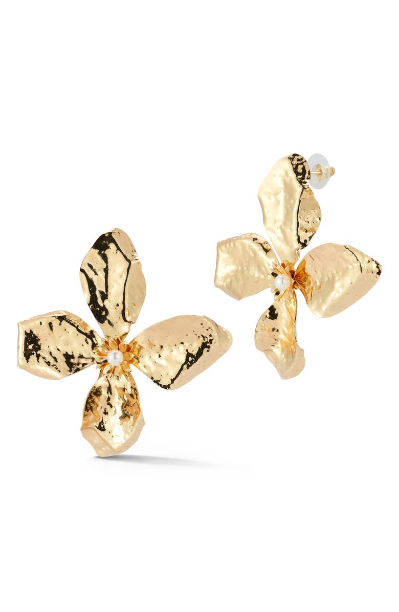 SPHERA MILANO Faux Pearl Flower Drop Earrings, Main, color, Gold